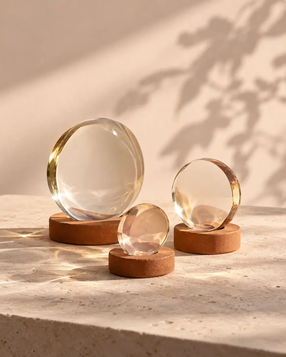 Trois sculptures de verre sur des socles en terre cuite, création IA.