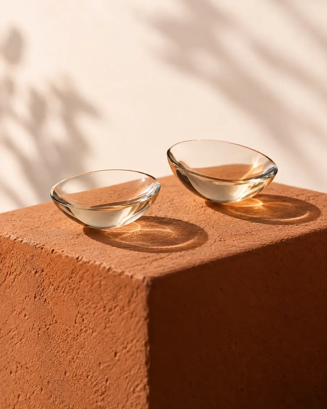 Deux coupelles de verre aux courbures différentes, nature morte créée par IA.