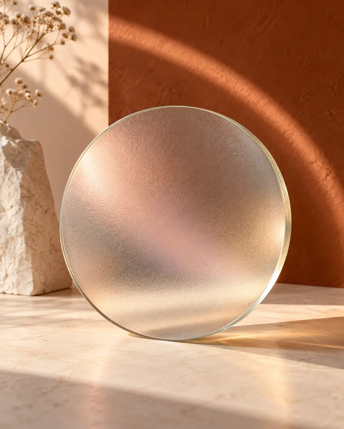 Surface circulaire de verre satiné et reflets miel, création IA.